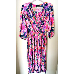 Vintage 80's Diane Freis Colorful Floral Pleated Cross-Over Front Maxi Dress L